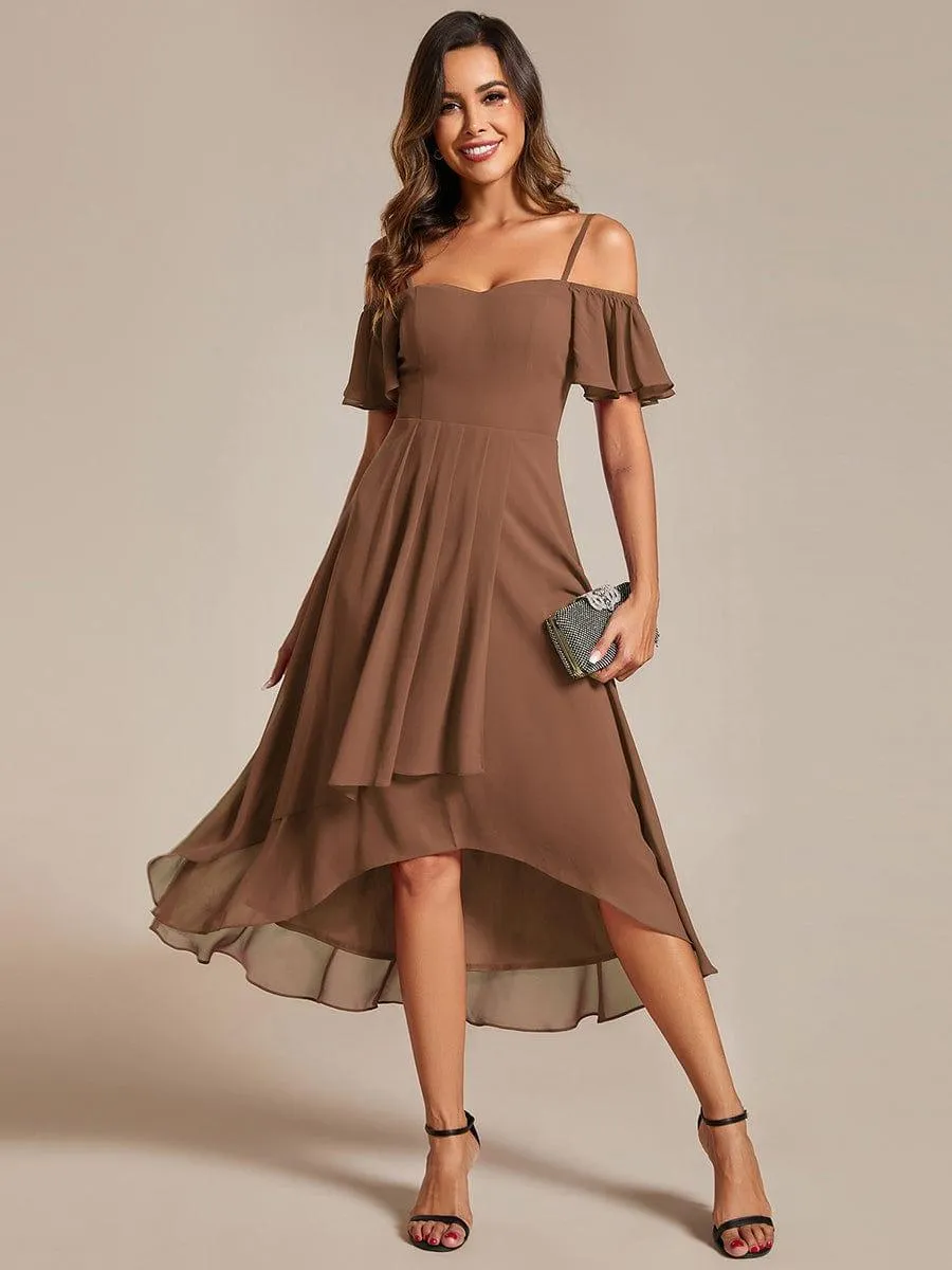 Custom Size Spaghetti Strap Cold Shoulder Chiffon A-Line Midi Wedding Guest Dress