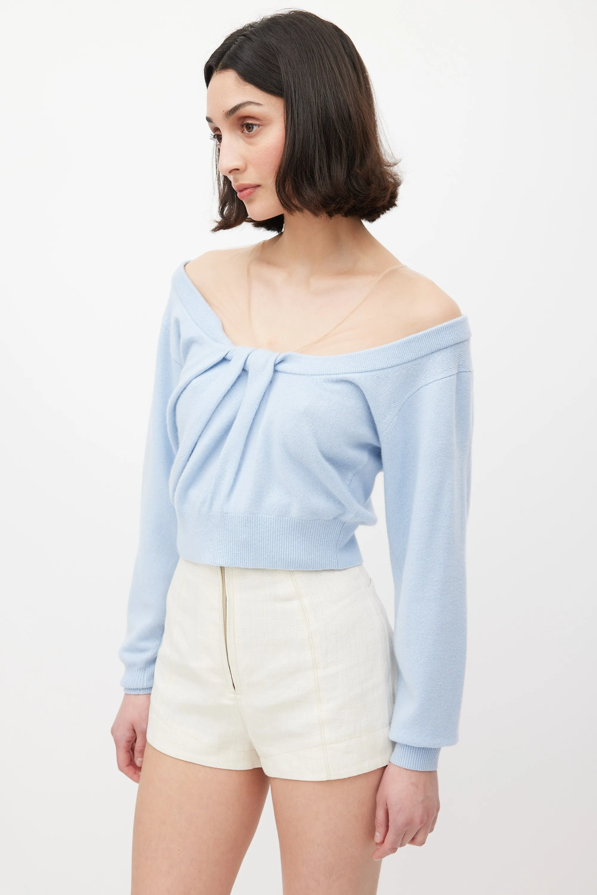 Light Blue Wool Illusion Tulle Yoke Sweater