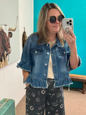 Raw Edge Ruffled Short Sleeve Denim jacket